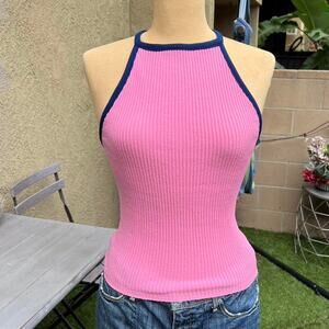 Vintage 70s Stretch Knit Halter Top Pink and Navy